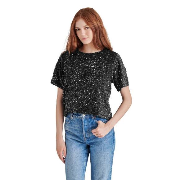 STEVE MADDEN Cressa Sequin Top in Black BO405317 NEW NWT Large L - Picture 9 of 12